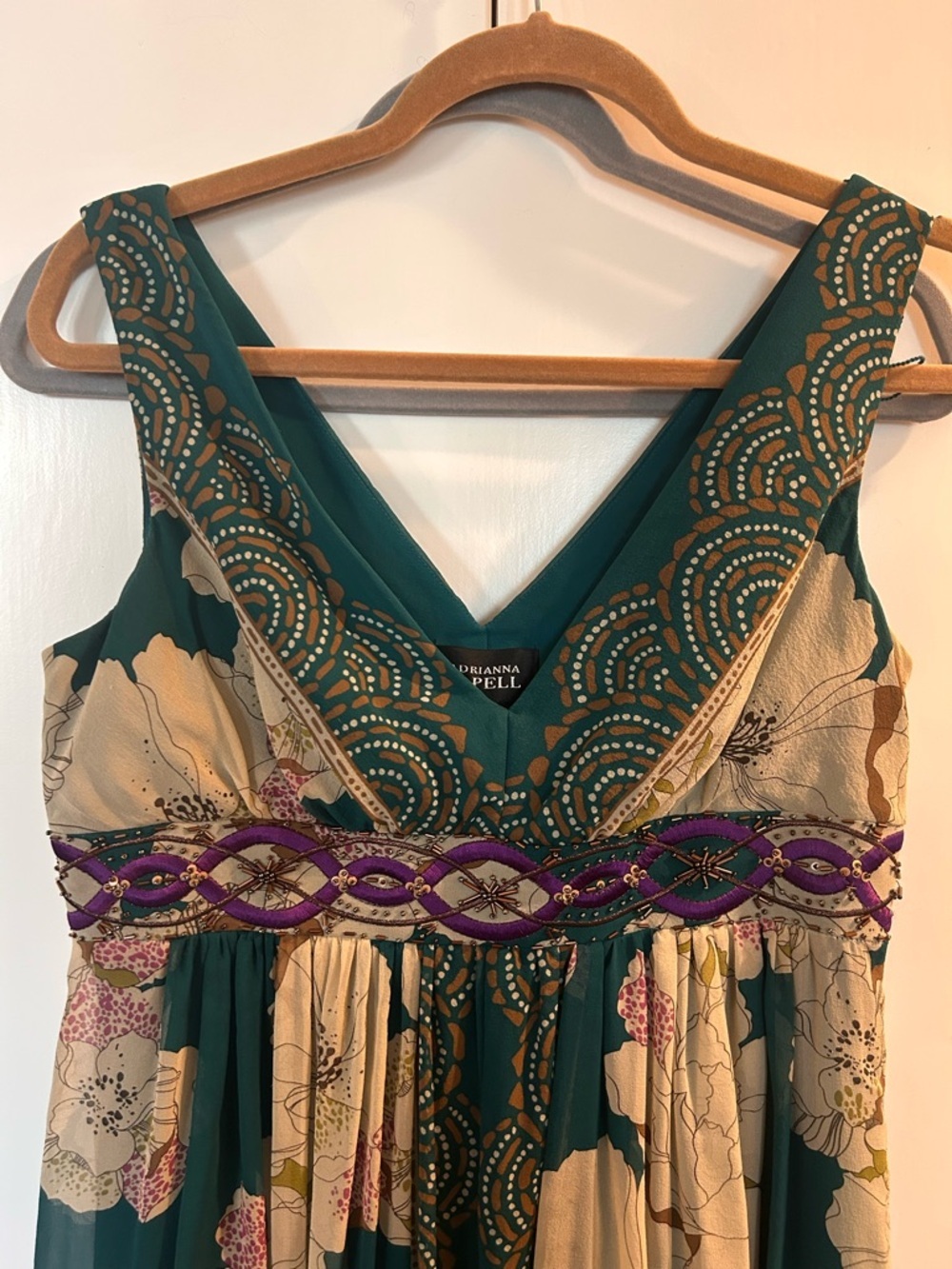 Adrianna Papell Teal Floral V-Neck Silk Cocktail Dress w/beading, embroidery - Picture 2 of 13